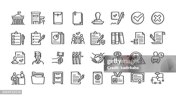 hand drawn bureaucracy line icon set · 32 icons - petition stock illustrations