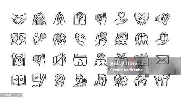 handgezeichnetes geschäftsetikette-ikonen-set · 32 ikonen - respekt stock-grafiken, -clipart, -cartoons und -symbole
