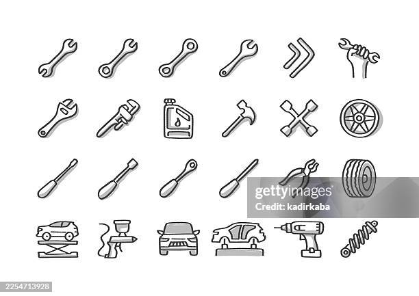 stockillustraties, clipart, cartoons en iconen met hand drawn car service tools line icon set · 24 icons - sleutel handgereedschap