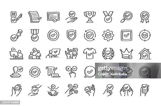 hand drawn checkmark line icon set · 40 icons - right wrong stock illustrations