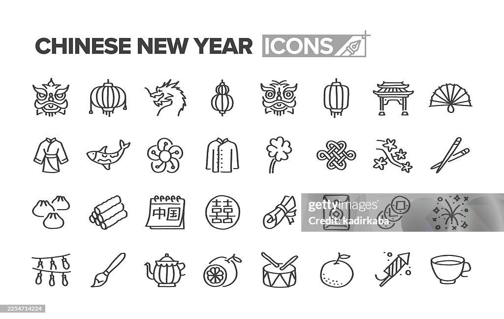 Hand Drawn Chinese New Year Line Icon Set · 32 Icons