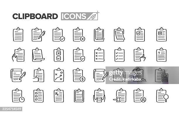 hand drawn clipboard line icon set · 32 icons - organized study space stock illustrations