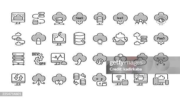 hand drawn cloud computing line icon set · 32 icons - cloud security stock illustrations