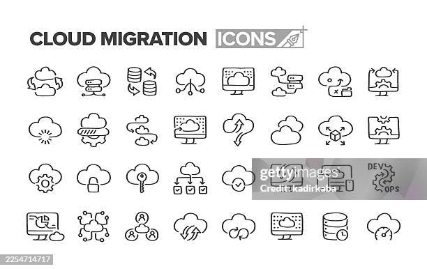 hand drawn cloud migration line icon set · 32 icons - cloud migration technology stock illustrations