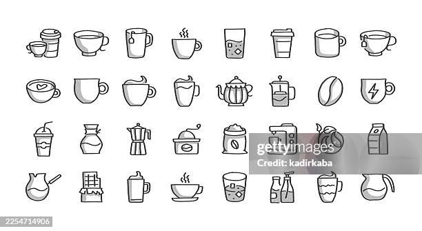 hand drawn coffee and tea line icon set · 32 icons - mocha ice cream stock illustrations