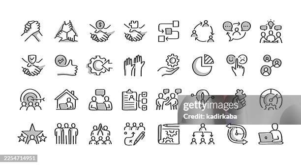 hand drawn collaboration line icon set · 32 icons - project management process flow chart stock illustrations
