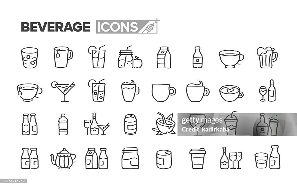 Hand Drawn Beverage Line Icon Set · 32 Icons