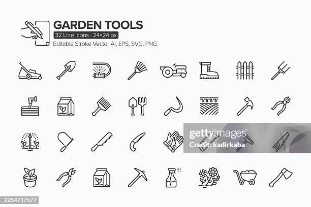 garden tools line icon set · 32 icons - spade stock illustrations