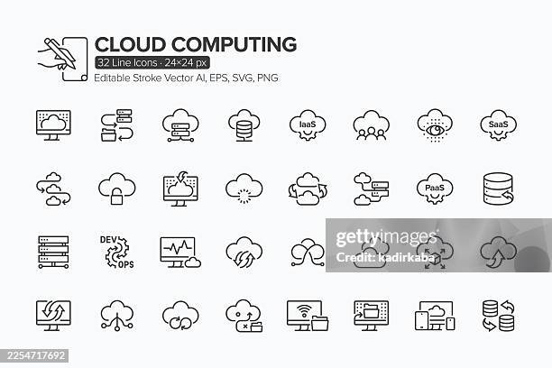 cloud computing line icon set · 32 icons - cloud security stock illustrations