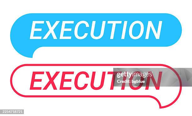 execution - blue and red speech bubble on white background - creative execution stock illustrations