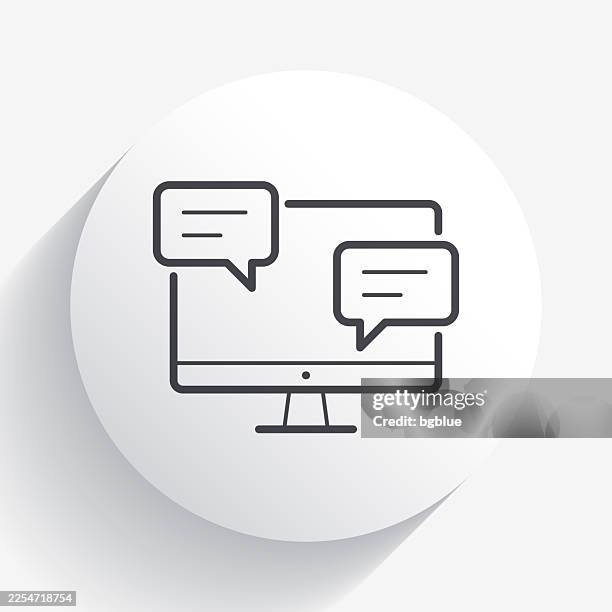 desktop computer with chat bubbles. icon on circle button with long shadow - announcement message stock illustrations