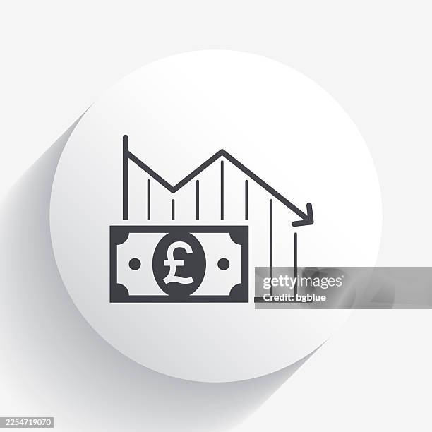 declining graph with pound banknote. icon on circle button with long shadow - pound notes falling stock illustrations