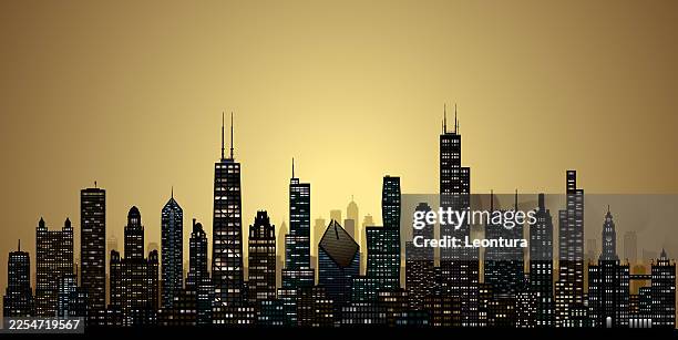 chicago skyline silhouette in lights - chicago magnificent mile stock illustrations