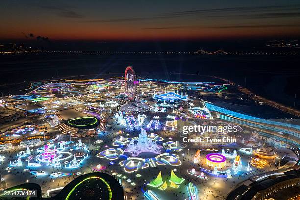 In an aerial view, the Harbin Ice-Snow World is seen during the 42nd Harbin International Ice And Snow Festival on January 05, 2026 in Harbin, China....