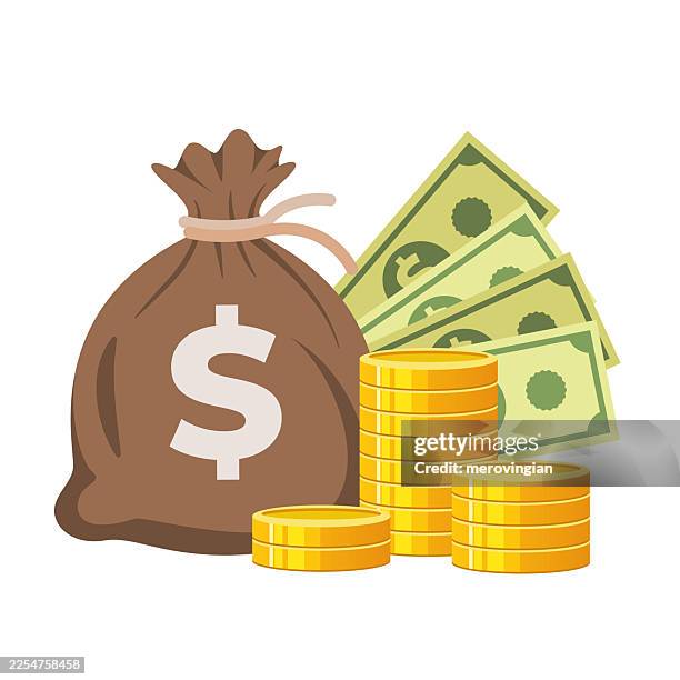 ilustraciones, imágenes clip art, dibujos animados e iconos de stock de bolsa de dinero con dinero y monedas. riqueza, prosperidad y éxito financiero - bolsa de dinero