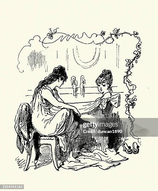 vintage victorian cartoon, two talking in the bathroom, taking a bath, getting undressed, 19th century, german - couple getting ready stock illustrations