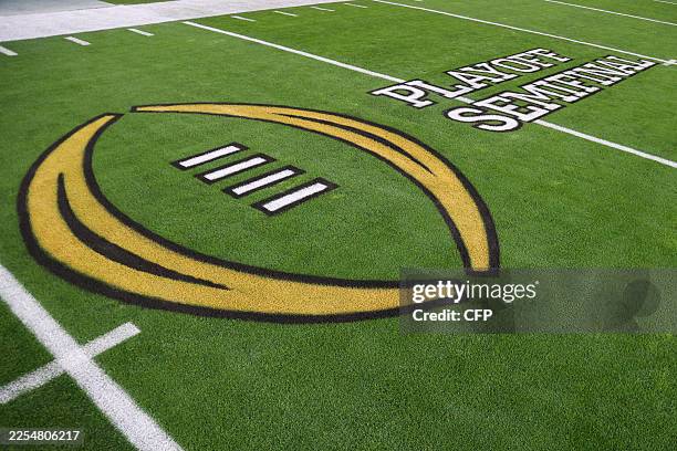 Generic view of the College Football Playoff logo before the CFP Semifinal Vrbo Fiesta Bowl between the Ole Miss Rebels and the Miami Hurricanes at...