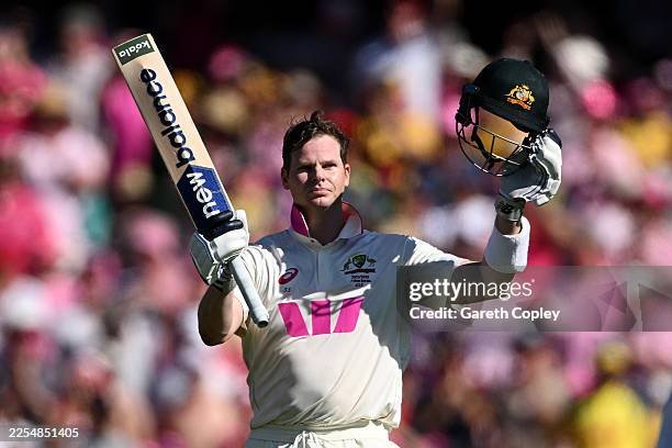 Australia captain Steve Smith celebrates reaching his century during day three of the Fifth Test in the 2025/26 Ashes Series between Australia and...