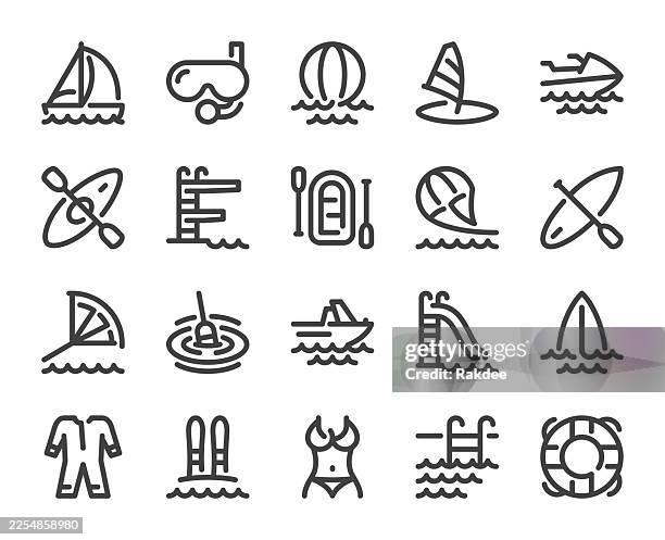 wasseraktivität – fette liniensymbole - windsurfbrett stock-grafiken, -clipart, -cartoons und -symbole