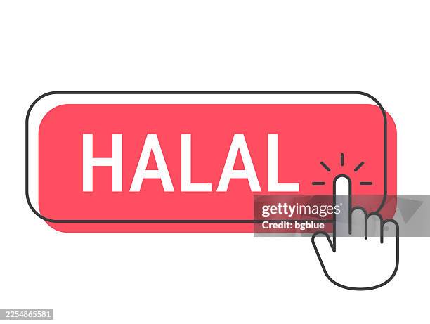 halal - click button with hand cursor on white background - halal stock illustrations
