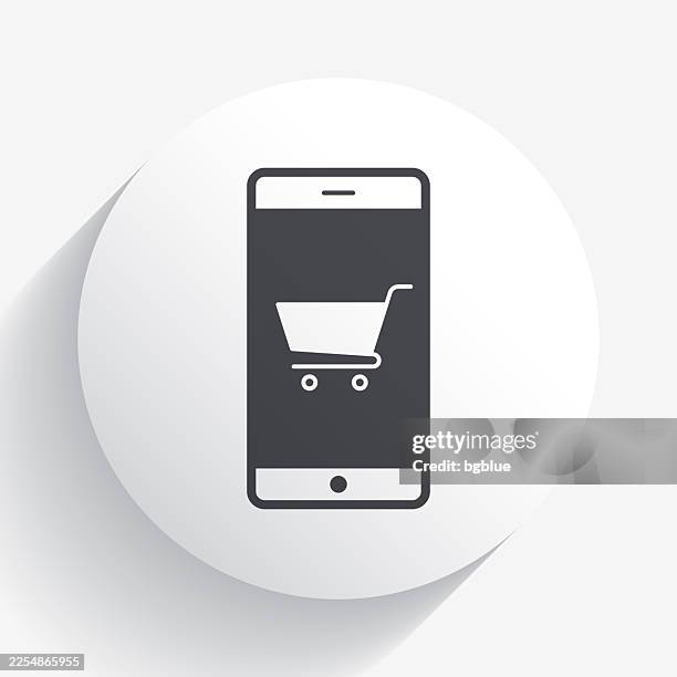 online shopping with smartphone. icon on circle button with long shadow - checkout screen stock illustrations