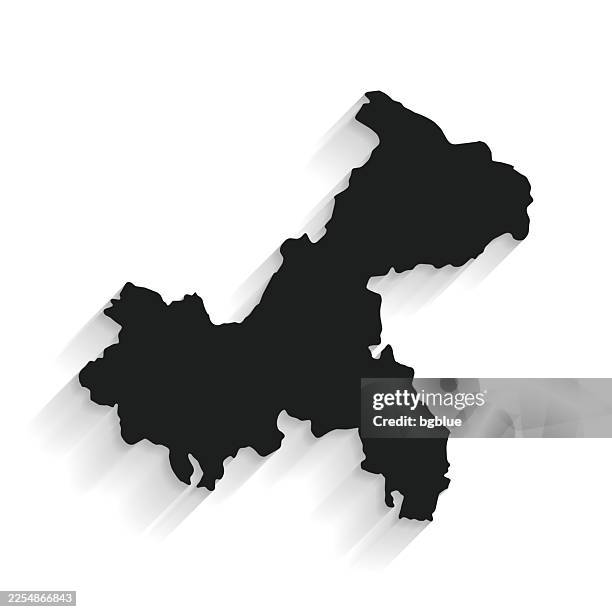 black chongqing map with long shadow on white background - flat design - chongqing stock illustrations