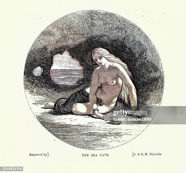 mythology, siren in a sea cave, 19th century, 1850s - siren classical mythology character stock illustrations