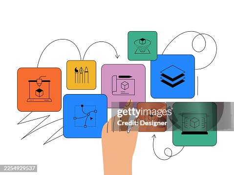 3D Printing and Modeling Related Vector Illustration. 3D Printer, Filament, Innovation, Prototype, Industry, Material, Manufacturing. 3D Printing and Modeling Related Vector Illustration. 3D Printer, Filament, Innovation, Prototype, Industry, Material, Manufacturing.