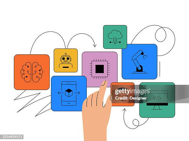 artificial intelligence related vector illustration. technology, futuristic, data, robot, connection, innovation, machine learning. - cad computer stock illustrations