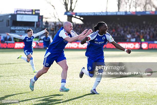 Macclesfield Town's Isaac Buckley-Ricketts celebrates scoring his sides second goal during the Emirates FA Cup third round match at the Leasing.com...