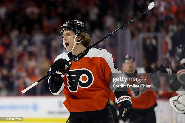 Trevor Zegras of the Philadelphia Flyers celebrates after scoring his first goal during the first period against the Anaheim Ducks at Xfinity Mobile...