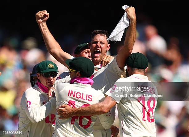 Beau Webster of Australia celebrates after taking the wicket of Harry Brook of England during day four of the Fifth Test in the 2025/26 Ashes Series...