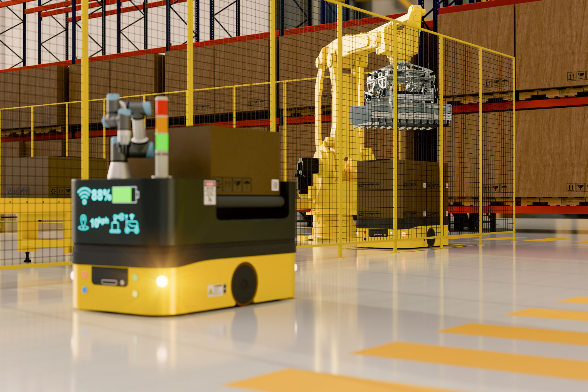A high-tech smart warehouse interior featuring the collaboration of advanced logistics equipment including autonomous guided vehicles (AGV), handling robots, and cobots. The scene shows warehouse data management and automated conveyor systems on a clean white glossy floor, representing a modern industry 4.0 factory environment