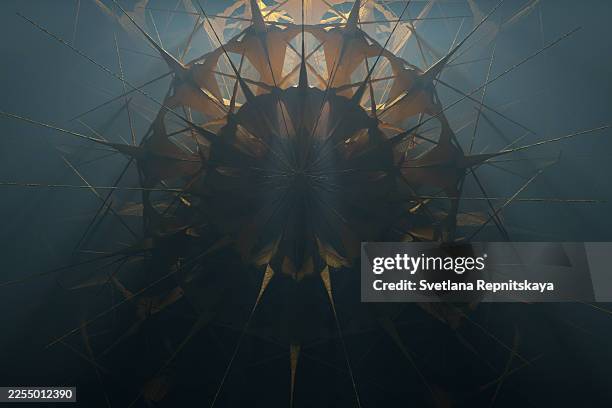 abstract fractal golden structure with radial symmetry and glowing spikes on a dark background - spiked stock pictures, royalty-free photos & images