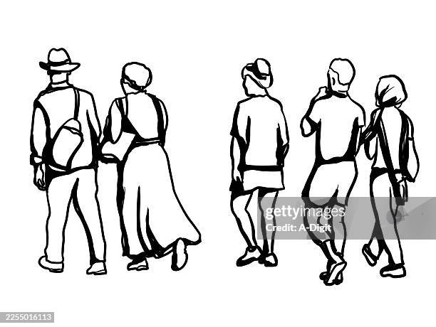 urban streets pedestrians ink drawing - man walking back stock illustrations