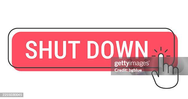 shut down - click button with hand cursor on white background - hand pushing box stock illustrations