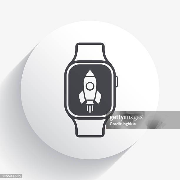 smartwatch with rocket. icon on circle button with long shadow - space rocket 3d stock illustrations