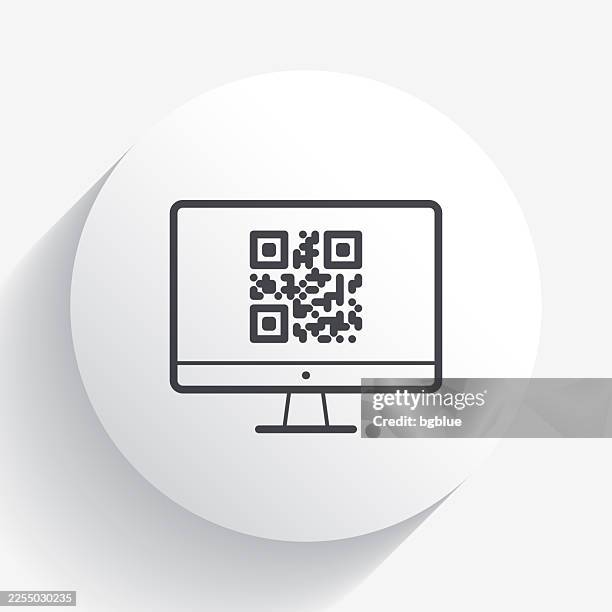 desktop computer with qr code. icon on circle button with long shadow - desktop scanner stock illustrations