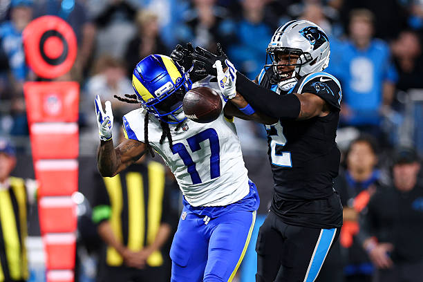 Mike Jackson of the Carolina Panthers breaks up a pass intended for Davante Adams of the Los Angeles Rams during the fourth quarter of an NFL wild...