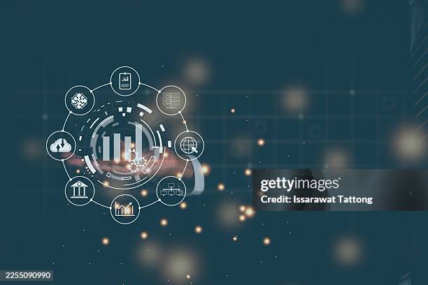 business worker hand interacting with vr screen displaying analytics and big data analysis, representing future technology, digital visualization, and data-driven decision making in a modern corporate environment - large interactive screen stock pictures, royalty-free photos & images