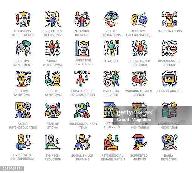 ilustraciones, imágenes clip art, dibujos animados e iconos de stock de síntomas de psicosis y esquizofrenia conjunto de iconos de línea que muestran delirios, alucinaciones, deterioro cognitivo, catatonia, habla desorganizada, recaídas, tratamiento y apoyo, ictus editable - centro de rehabilitación