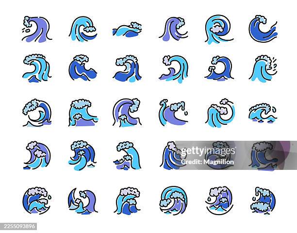 ocean wave color line icons set with surf, sea swell, foam crests, curling breakers, and storm waves in blue outline style for marine design and weather ui, editable stroke. - technology tsunami stock illustrations