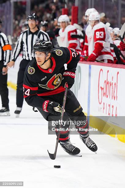 Dylan Cozens of the Ottawa Senators skates against the Detroit Red Wings on January 5, 2026 at Canadian Tire Centre in Ottawa, Ontario, Canada.