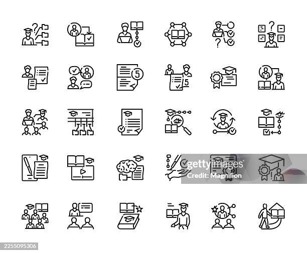 education and training editable stroke icons set with outline symbols for e-learning, courses, teachers, students, certification, exams, mentoring, workshops, and knowledge management ui, editable stoke - learning computer skills stock illustrations