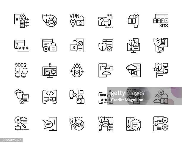 cybersecurity protection icons, linear outline set with vpn, password, two factor authentication, secure login, firewall, soc 2 compliance, cloud security, and data encryption symbols, editable stroke - account manager stock illustrations