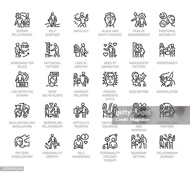 personality disorders interpersonal patterns line icons set showing codependency, gaslighting, manipulation, impulsivity, fear of abandonment, therapy and self growth, editable stroke - obsessive compulsive stock illustrations