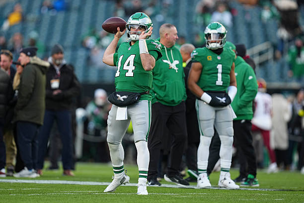 Jalen Hurts of the Philadelphia Eagles looks on prior to the game against the Washington Commanders at Lincoln Financial Field on January 4, 2026 in...