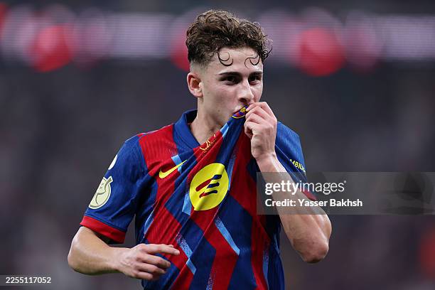 Fermin Lopez of FC Barcelona celebrates scoring his team's second goal during the Spanish Super Cup Semi-Final match between Barcelona and Athletic...