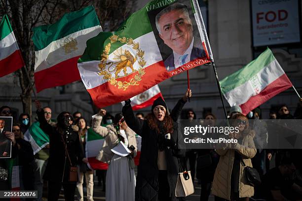 An Iranian supporter holds a flag with the image of Mohammad Reza Pahlavi, who is the Shah of Iran until his overthrow by the Islamic Revolution,...