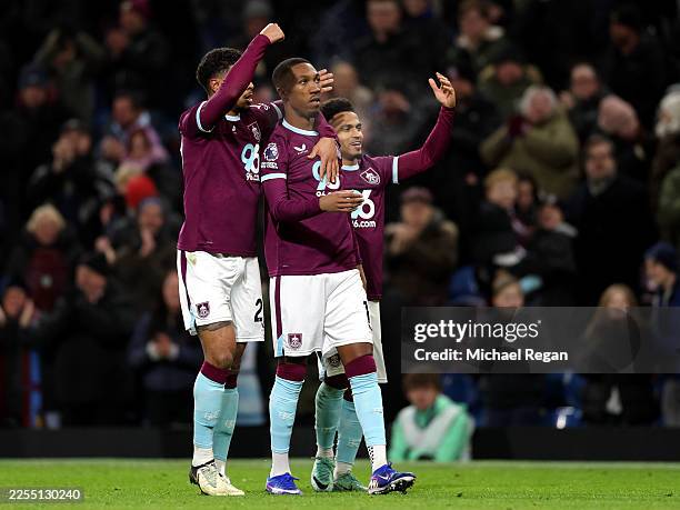 Jaidon Anthony of Burnley celebrates scoring his team's second goal with his teammates during the Premier League match between Burnley and Manchester...